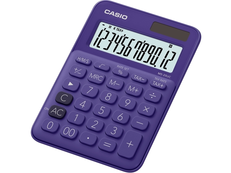 Casio Ms 20uc   Skrivebordskalkulator   12 Sifre   Solpanel  Batteri   Purpur fra Casio