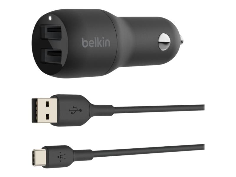 Belkin Boostcharge Dual Charger   Bilstrømadapter   24 Watt   4.8 A   2 Utgangskontakter  Usb    På Kabel: Usb C   Svart fra Belkin Components