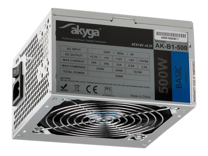 Akyga Basic Series Ak B1 500   Strømforsyning  Intern    Atx12v 2.31   Ac 230 V   500 Watt   Pfc   Grå fra Akyga