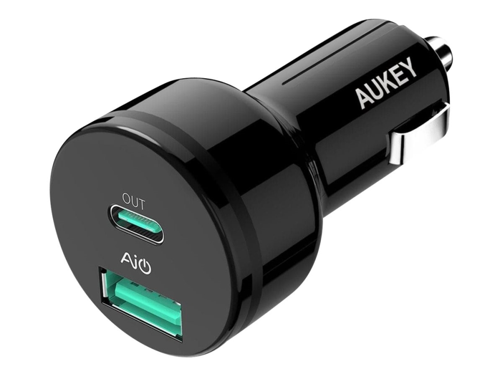 Aukey Cc Y7   Bilstrømadapter   3 A   Aipower  Pd 2.0   2 Utgangskontakter  Usb  24 Pin Usb C  fra Aukey