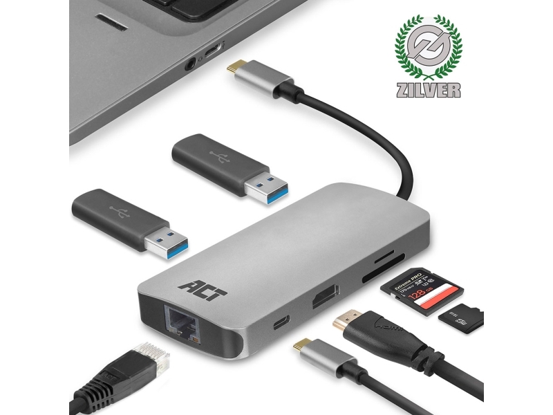 Act Usb C 4k Multiport Dock With Hdmi  2x Usb A  Gigabit Ethernet  Card Reader And Usb C With Pd Pass Through 60w  Cable Length 0.15m  Aluminium Hous fra Act